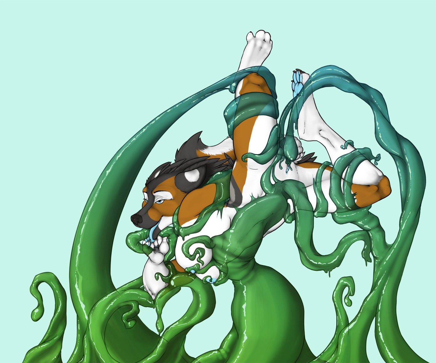 anthro blue_eyes breasts canid canine canis domestic_dog e621 feet female genitals hi_res hindpaw mammal nipples oral oral_penetration paws penetration restrained sex solo suspension tail tentacle_in_mouth tentacle_penetration tentacles tongue tongue_grab tongue_out unknown_artist vaginal vaginal_penetration vulva