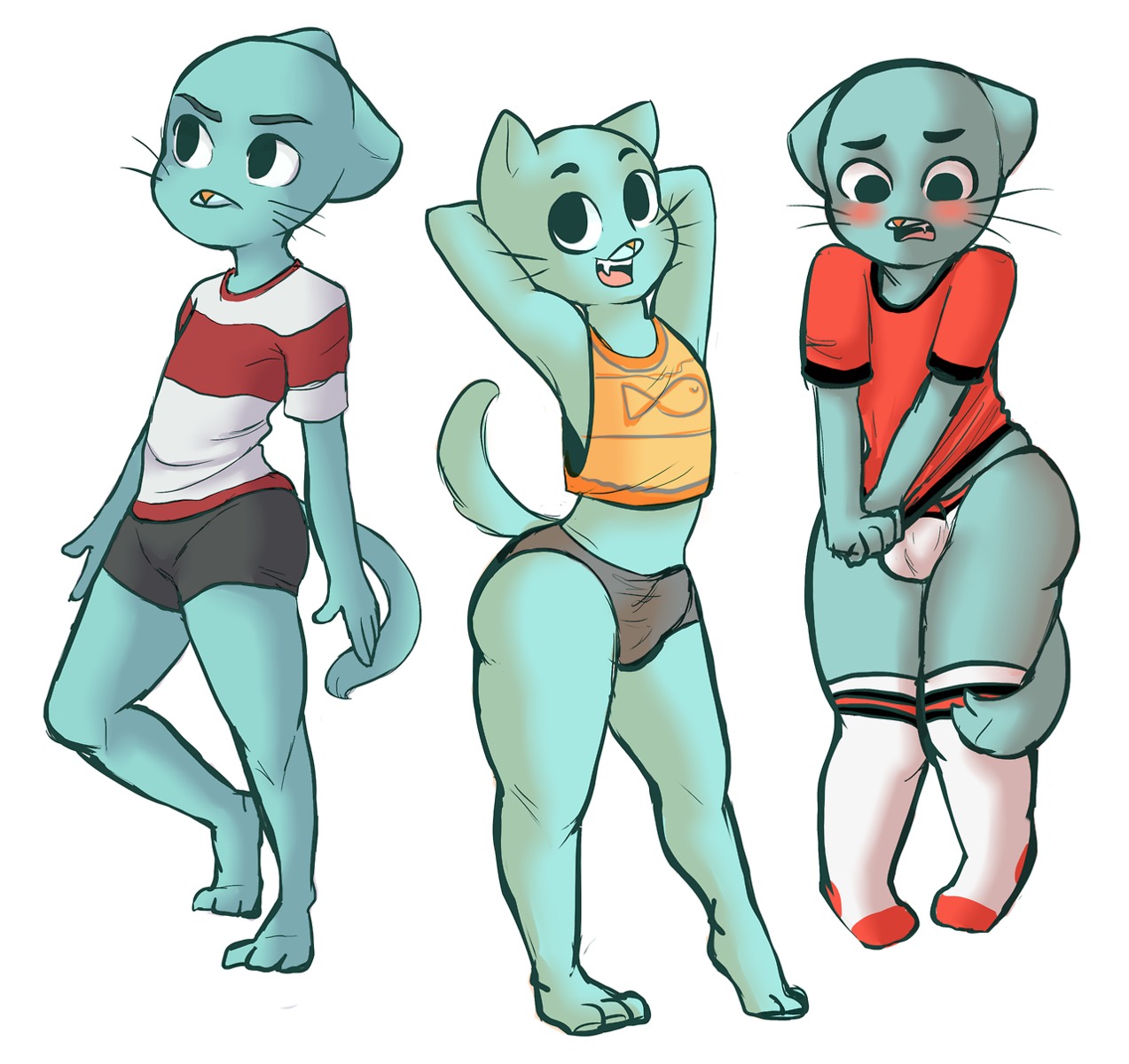 anthro blue_body blue_fur blush bulge camipuff cartoon_network clothed clothed_anthro clothed_male clothing detailed_bulge domestic_cat e621 embarrassed felid feline felis femboy footwear fur genital_outline gumball_watterson hi_res legwear male male_anthro mammal panties penis_outline simple_background socks solo the_amazing_world_of_gumball underwear wide_hips young young_anthro young_male