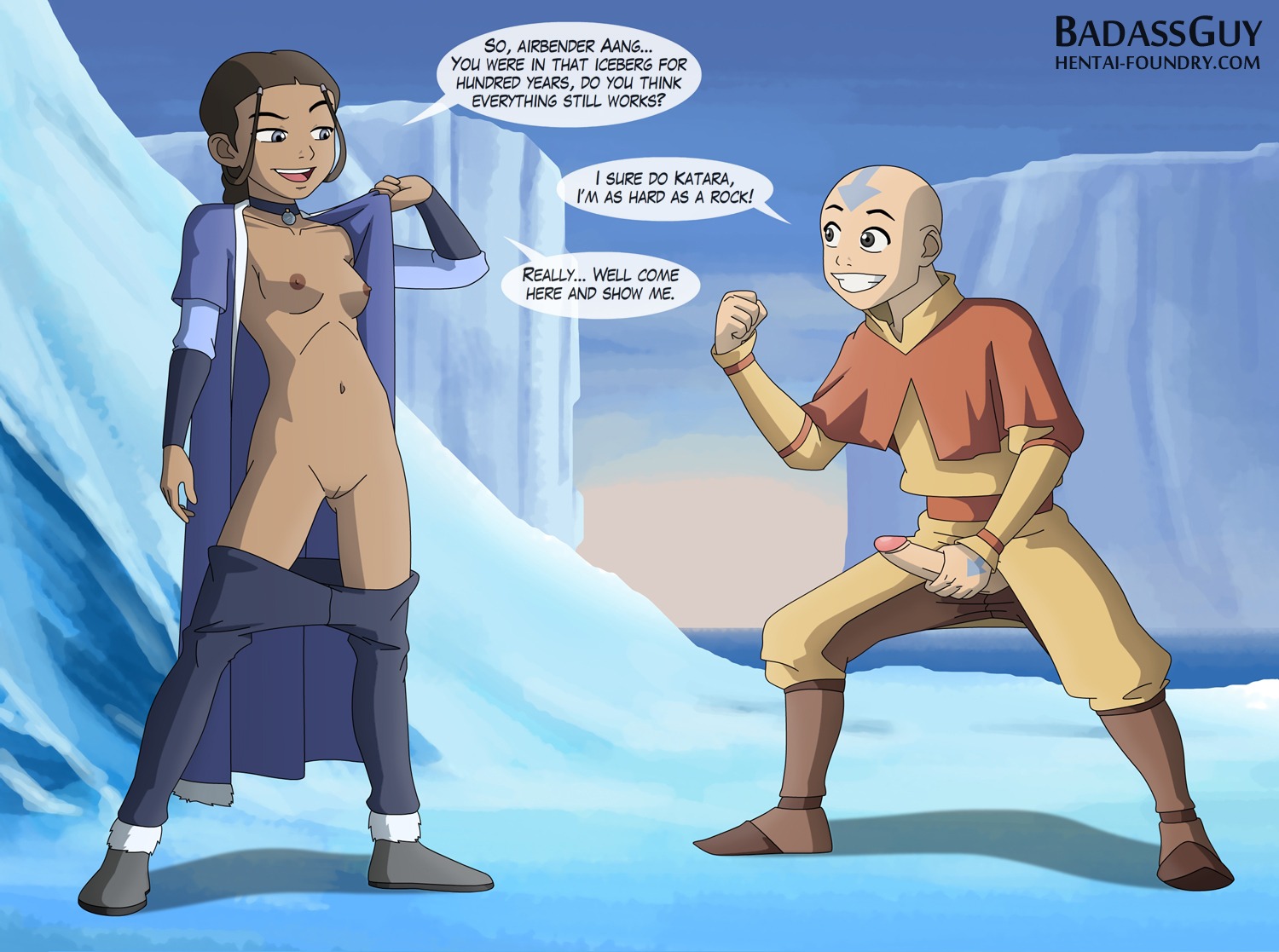 1boy 1girls aang air_nomad airbender_tattoo avatar_legends avatar_the_last_airbender badassguy breasts clothing dark-skinned_female dark_skin dialogue english_text erect_nipples erect_penis erection female hairless_pussy interracial katara male nickelodeon nipples outdoors outside penis pussy rule34 small_breasts speech_bubble straight_hair text the_avatar undressing water_tribe what