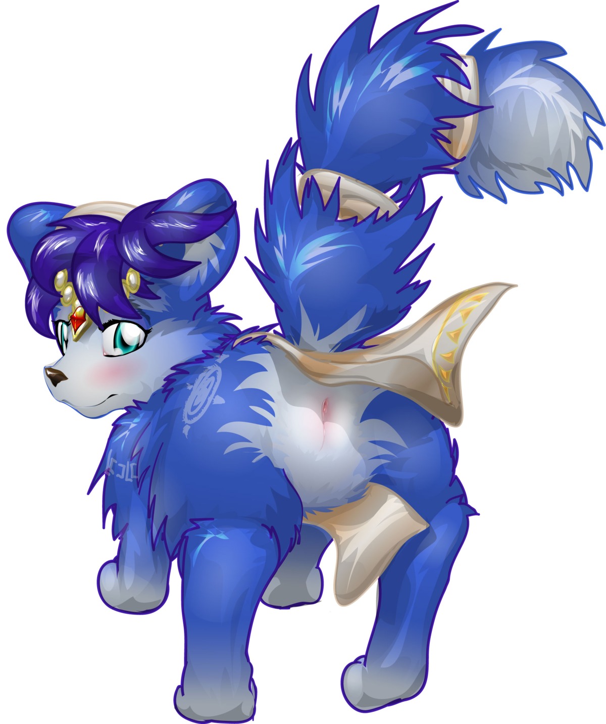 accessory blue_body blue_eyes blue_fur blue_hair blush bottomwear butt canid canine clothing dipstick_tail e621 female feral fox fur furgonomics genitals hair hair_accessory hairband hi_res krystal_(star_fox) loincloth looking_at_viewer looking_back mammal markings multicolored_tail nintendo nullenigma pose raised_tail rear_view short_hair solo star_fox tail tail_accessory tail_markings tailband tribal tribal_markings vulva white_body white_fur