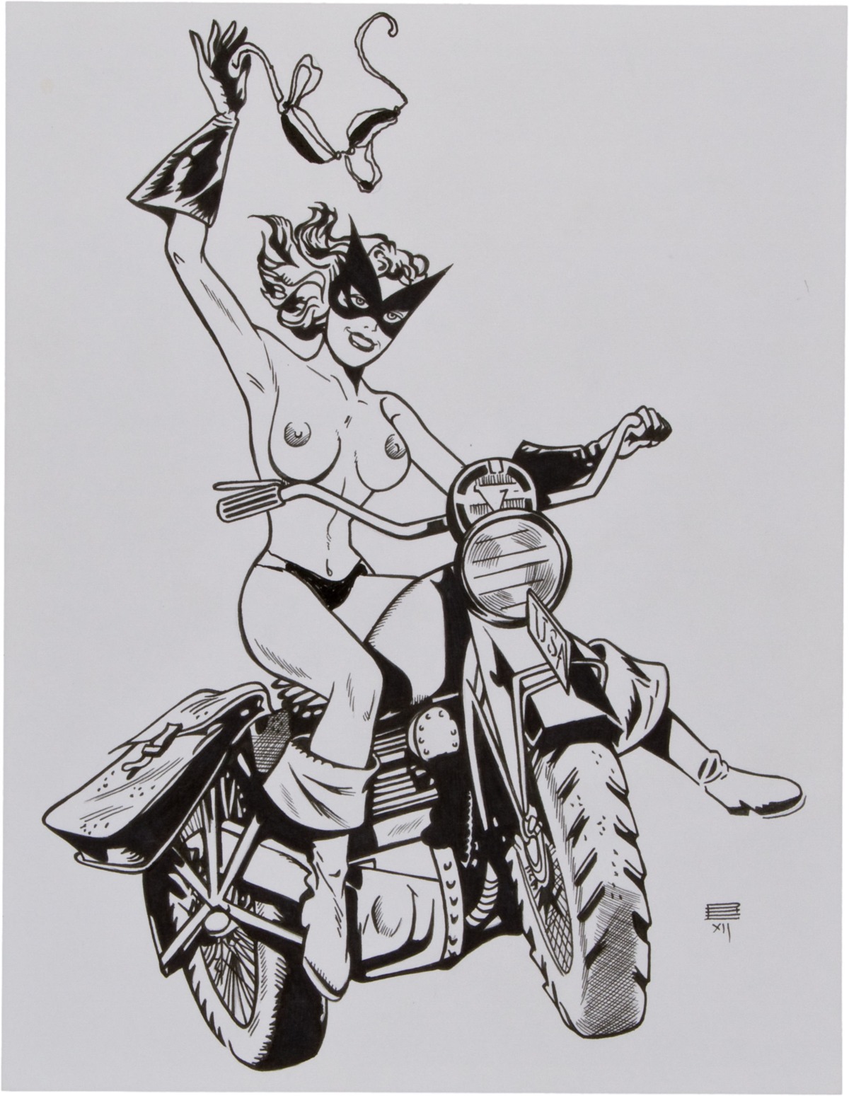 areolae armpits ass black_cat_(harvey_comics) boots bra bra_removed breasts curvy elbow_gloves female female_only full_body glove grey_background harvey_comics highres human large_breasts linda_turner long_hair mask monochrome motor_vehicle motorcycle navel nipples panties rule34 smile solo topless underwear undressing vehicle