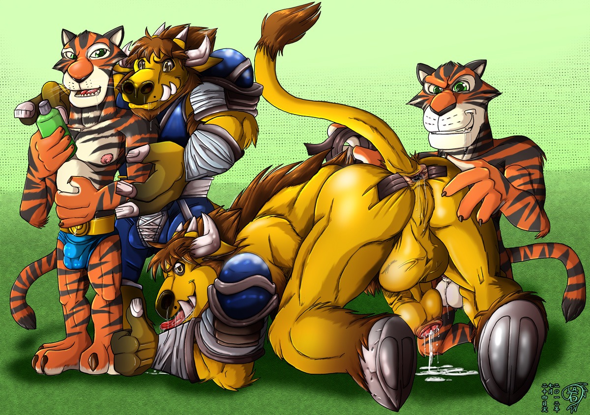 anthro anus backsack balls big_penis blizzard_entertainment bodily_fluids bovid bovine bulge clothed clothing cum dreamworks e621 felid foreskin fully_clothed genital_fluids genitals group half-erect humanoid_genitalia humanoid_penis ijnek larger_male lube madagascar_(series) male male/male mammal mostly_nude pantherine penis saberkenji size_difference smaller_male spread_anus spreading tail tauren tiger tokenworks topless vitaly_(madagascar) warcraft