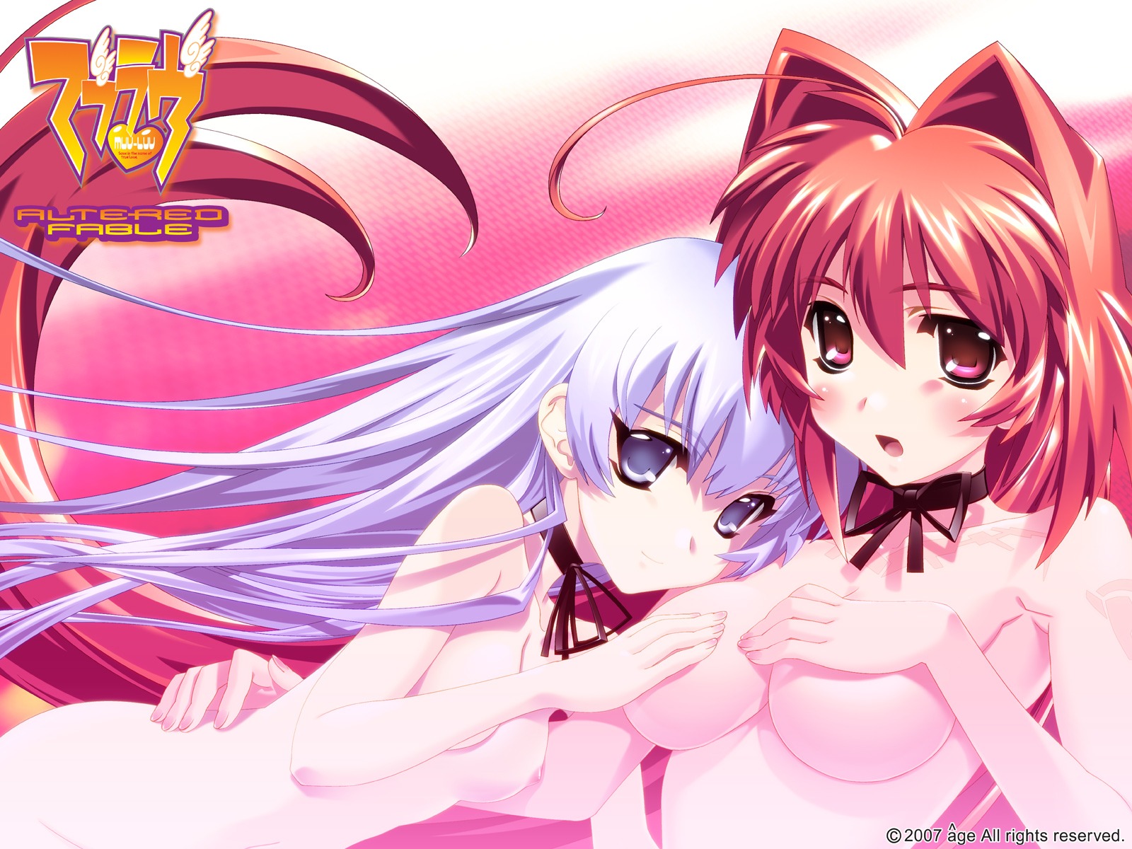 ahoge blush breasts female highres multiple_females multiple_girls nude ribbon ribbons rule34 wallpaper yuri