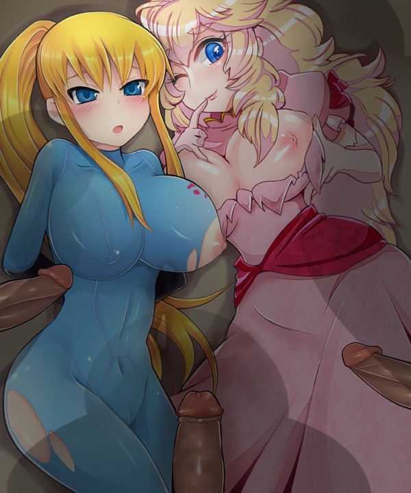 blonde_hair blue_eyes blush bodysuit bot_gg breasts cameltoe collaboration crossover dress elbow_gloves erect_nipples female finger_to_mouth gloves imminent_rape large_breasts long_hair male mario_(series) metroid multiple_females multiple_girls multiple_penises nintendo nipples penis ponytail princess_peach pussy rule34 samus_aran skin_tight smile super_smash_bros. tied_hair torn_clothes uncensored wink yukimimi zero_suit