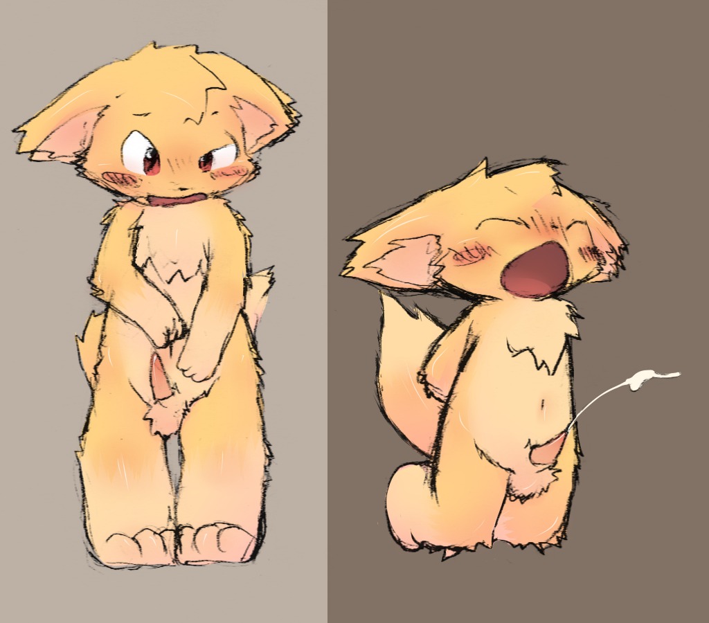anthro biped blush bodily_fluids canid canine chest_tuft cum cumshot e621 ejaculation erection eyes_closed fox fur genital_fluids genitals hands-free kemono kneeling konzaburou male mammal open_mouth orgasm penis red_eyes shota solo standing tail tuft yellow_body yellow_fur young young_anthro young_male