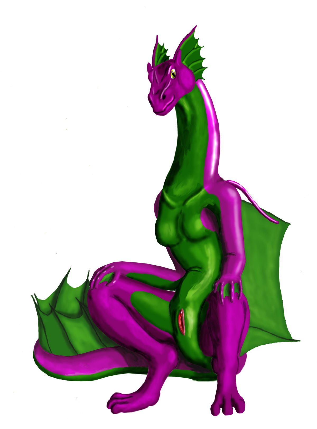 3_toes 4_fingers absurd_res anthro breasts countershading crouching digital_media_(artwork) dragon e621 feet female fingers full-length_portrait genitals green_body green_countershading hi_res looking_at_viewer mythological_creature mythological_scalie mythology non-mammal_breasts nude pink_body portrait scalie simple_background small_breasts solo tail toes unknown_artist vulva white_background yellow_eyes