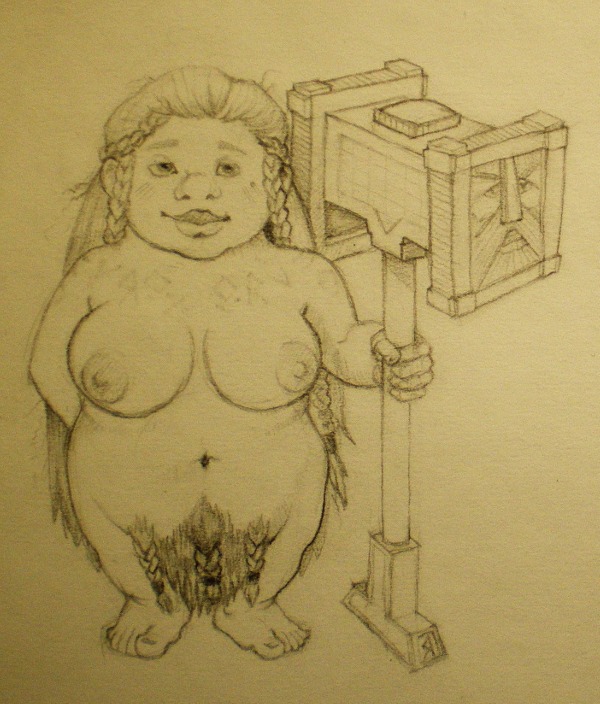 1girls areolae belly_hair braided_hair braided_pubic_hair breasts completely_nude dwarf dwarf_female dwarf_fortress facing_viewer fat fat_female feet female female_only full_body hammer large_breasts looking_at_viewer medium_breasts monochrome navel nipples nude nude_female pubic_hair rule34 simple_background sketch smile solo standing traditional_media_(artwork) uncensored very_long_hair war_hammer weapon