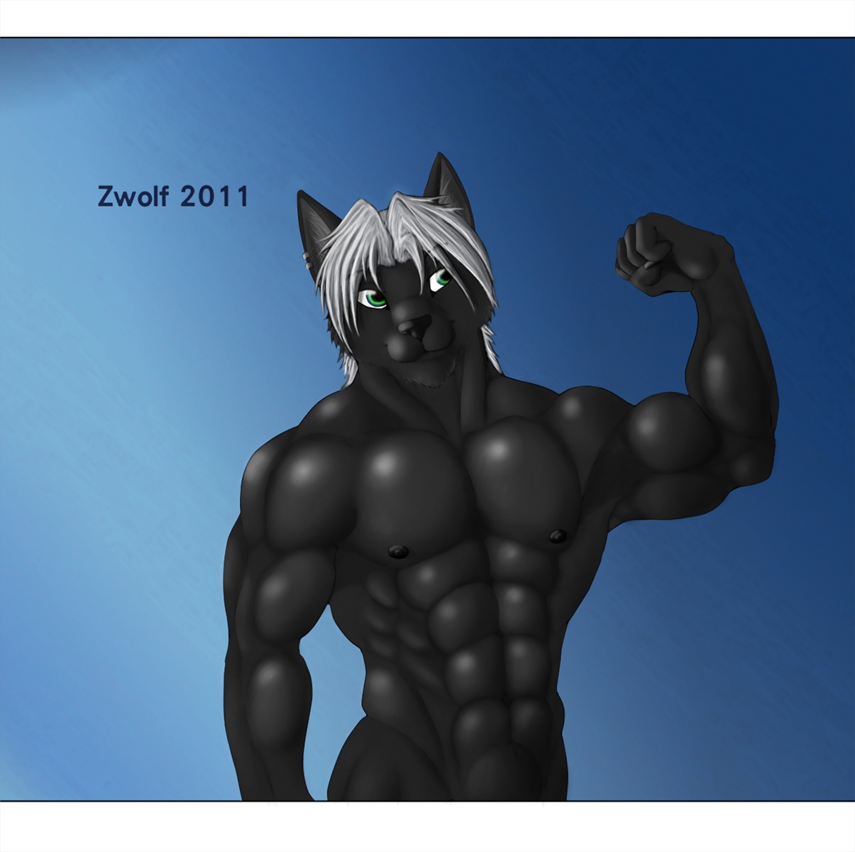 2011 anthro big_muscles black_body black_fur black_nose canid canine canis e621 flexing fur green_eyes grey_hair hair hi_res male mammal muscular muscular_anthro muscular_male nipples nude pose sebas_(zwolf) solo wolf zwolf