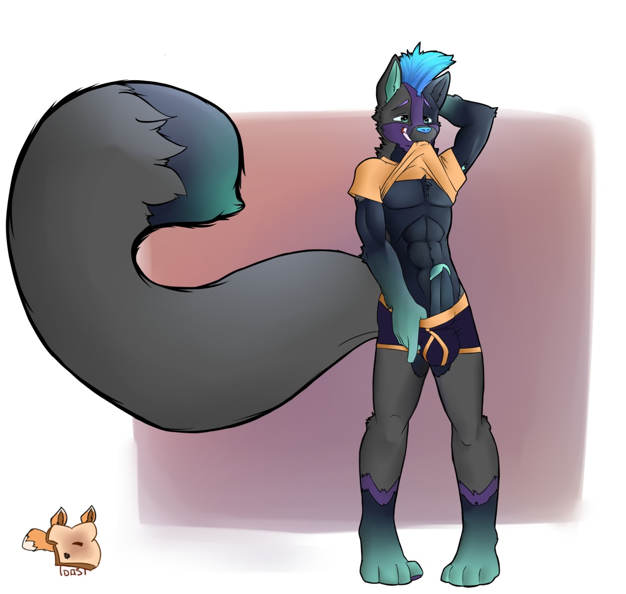 abs anthro balls big_tail biped bite black_body black_fur blue_eyes blueberry_(toastedfox) bottomwear bulge canid canine chest_tuft clothed clothing clothing_lift e621 erection fluffy fluffy_tail fox fur genitals green_eyes grey_body grey_fur hand_behind_head hi_res huge_tail long_tail male mammal markings mohawk muscular muscular_anthro muscular_male pecs penis presenting shirt shirt_lift shorts solo standing tail tattoo teeth toastedfox topwear tuft underwear