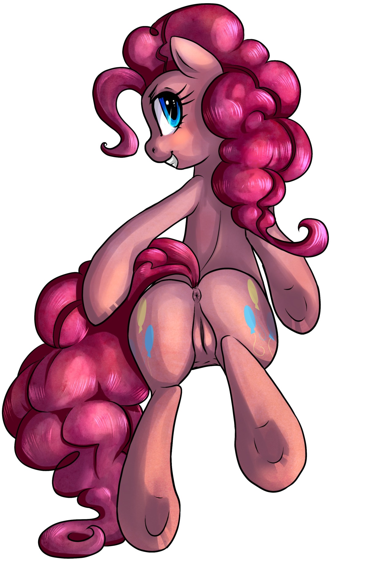 absurd_res anus blue_eyes blush butt buttercup_saiyan curly_hair cutie_mark e621 earth_pony equid equine female feral friendship_is_magic fur genitals hair hasbro hi_res horse inviting looking_at_viewer looking_back mammal my_little_pony pink_body pink_fur pink_hair pinkie_pie_(mlp) pony presenting presenting_hindquarters seductive simple_background smile solo standing tail tail_aside teeth vulva white_background