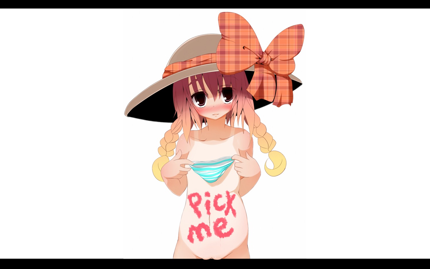 blonde_hair blush bow braids female hat huge_eyes long_hair nude panties pointy_chin rule34 striped striped_panties tan_lines uncensored underwear