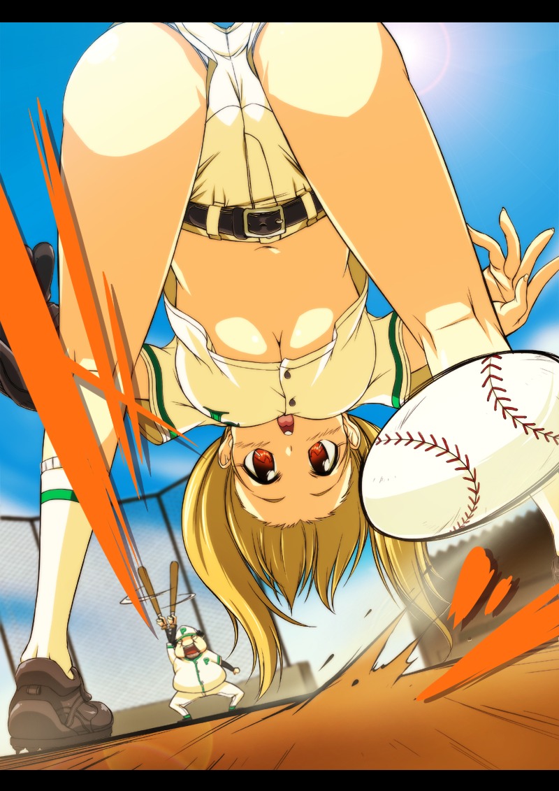 baseball baseball_bat baseball_uniform bent_over blonde_hair blush breasts cameltoe cleavage female kneepits looking_back onija_tarou original panties perspective pussy rule34 sportswear tied_hair twintails underboob underwear upshirt