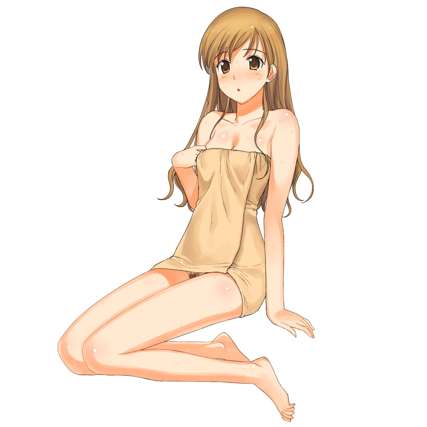 bare_shoulders barefoot blush brown_hair feet female high_resolution maria-sama_ga_miteru naked_towel no_panties open_mouth orange_eyes pubic_hair pussy pussy_peek rule34 sitting toes toudou_shimako towel wet