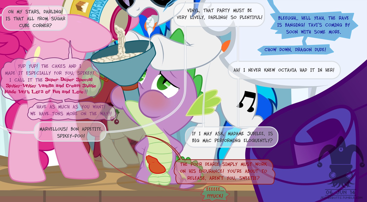 2014 all_fours animal_genitalia balls big_macintosh_(mlp) blargsnarf bodily_fluids cherry_jubilee_(mlp) cum cum_in_mouth cum_inside cutie_mark dialogue digital_media_(artwork) doggystyle dragon drinking drinking_cum e621 earth_pony english_text equid equine erection eyewear female feral friendship_is_magic from_behind_position genital_fluids genitals glasses group hands_behind_back hasbro hi_res horn horse kneeling male male/female mammal my_little_pony mythological_creature mythological_equine mythological_scalie mythology penetration penis pinkie_pie_(mlp) pony rarity_(mlp) scalie sex spike_(mlp) tail text unicorn vinyl_scratch_(mlp)