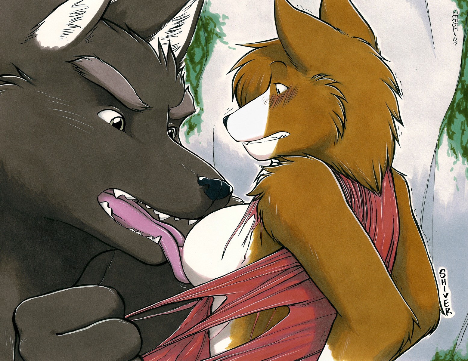 2007 anthro blush breast_lick breast_play breasts canid canine canis clothed clothing digital_media_(artwork) domestic_dog duo e621 female herding_dog hi_res larger_male licking male male/female mammal marker_(artwork) meesh mythological_canine mythological_creature mythology nipple_fetish nipple_lick nipple_play nipples nude pastoral_dog size_difference smaller_female tongue tongue_out torn_clothing traditional_media_(artwork) welsh_corgi werecanid werecanine werecreature werewolf wolf