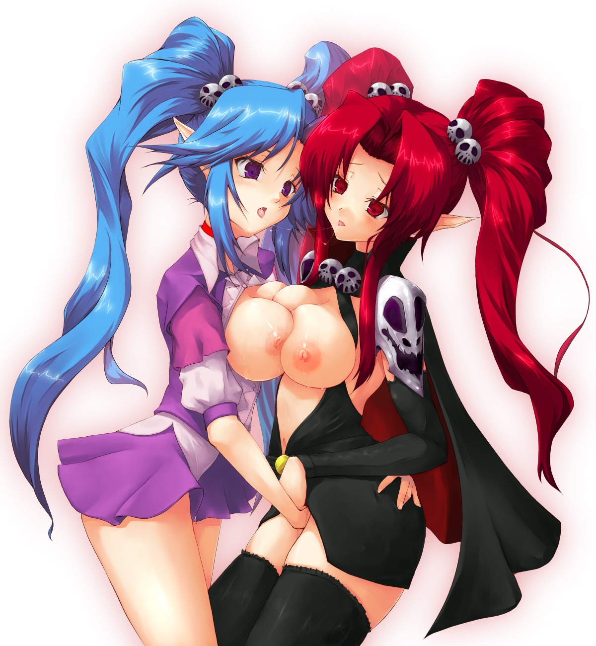 blue_hair breast_press breast_to_breast breasts copyright_request female female_only hair_ornament highres kuku_px multiple_females multiple_girls no_visible_genitalia open_mouth pointy_ears purple_eyes red_eyes red_hair rule34 skull skull_hair_ornament symmetrical_docking thighhighs tied_hair tongue twintails yuri zettai_ryouiki