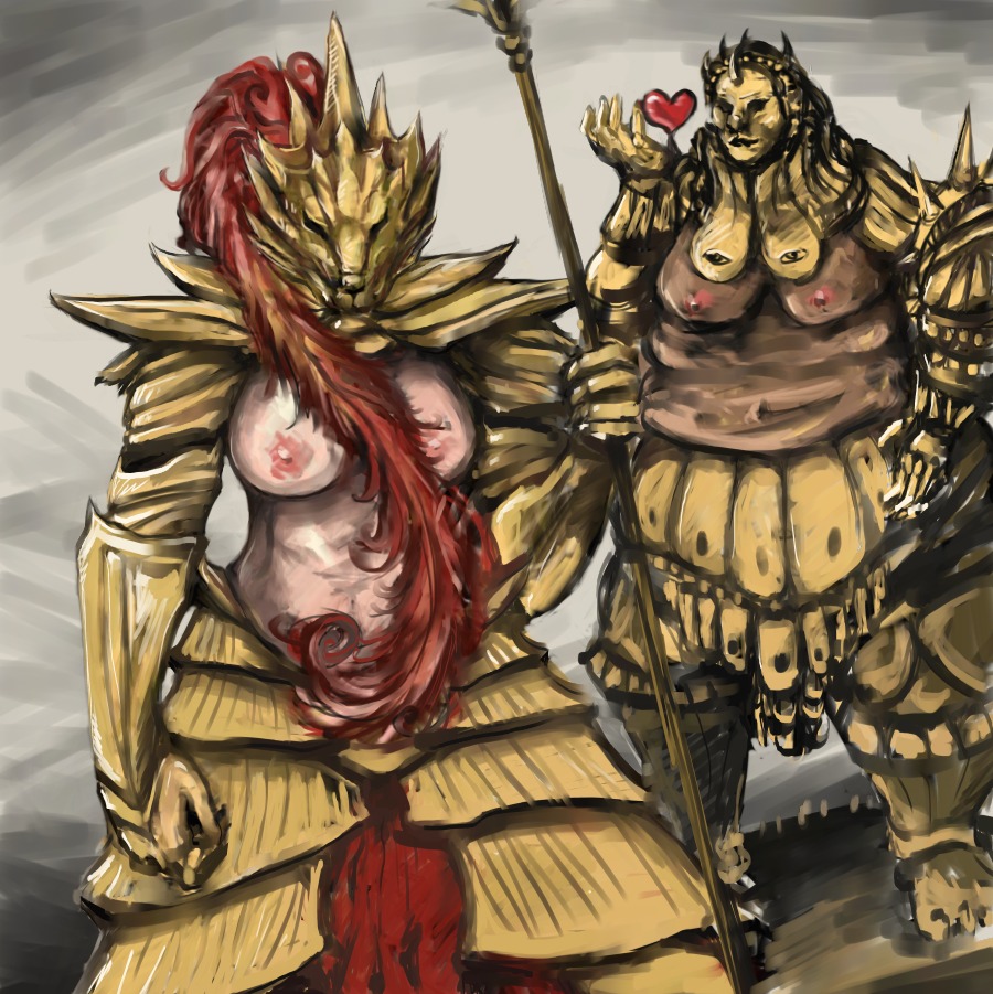 armor artist_request breasts dark_souls dragon_slayer_ornstein executioner_smough female fromsoftware nipples rule34 rule_63 weapon