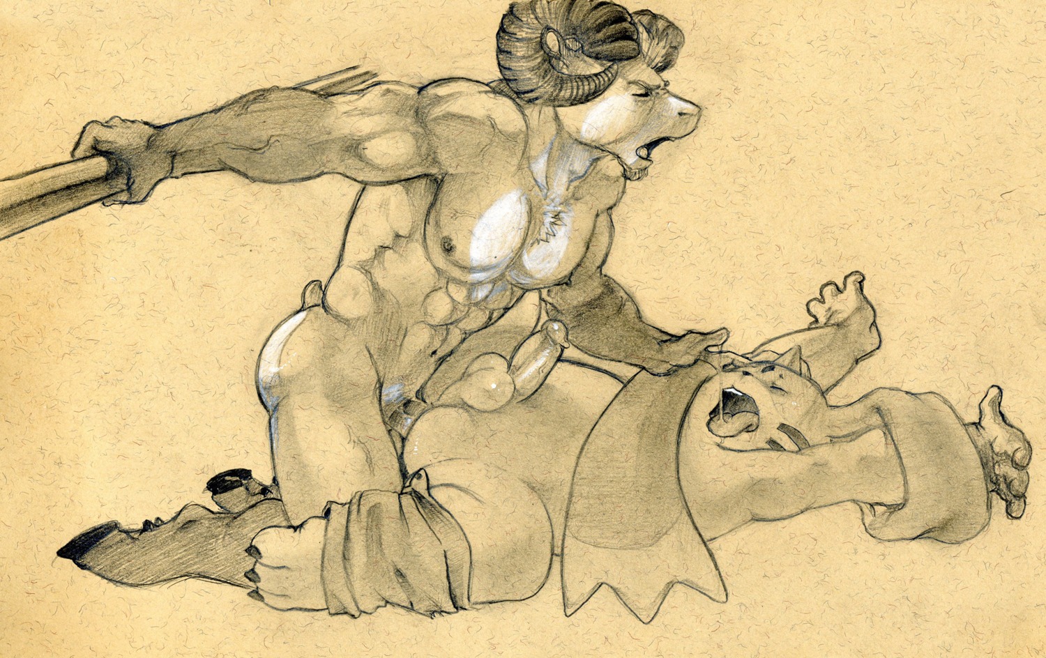 abs anal anal_penetration anthro balls bandai_namco biceps bighorn_sheep bodily_fluids bovid bovid_horn caprine caprine_horn chest_tuft clothed clothed_sex clothing digimon digimon_(species) duo e621 erection eyes_closed from_front_position fur gargomon genitals hi_res hooves horn humanoid_genitalia humanoid_penis looking_pleasured lying male male/male male_penetrated male_penetrating male_penetrating_male mammal missionary_position musclegut muscular nipples nude on_back open_mouth overweight pecs penetration penis ram_horn rammy_aaron saliva sex sheep sketch slightly_chubby tongue tongue_out tuft tush_(artist) vein