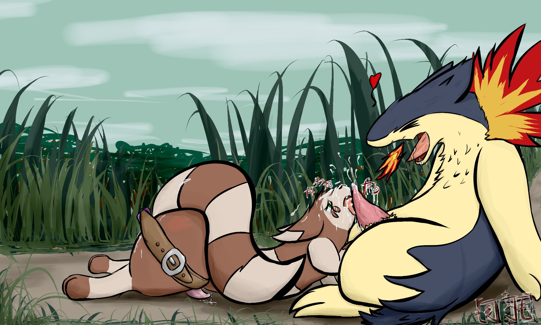 5:3 anal anal_masturbation anal_penetration bodily_fluids cum cum_on_face drooling duo e621 erection feathers_(artist) fellatio feral fire furret generation_2_pokemon genital_fluids genitals hi_res interspecies japanese_text licking male male/male male_penetrated male_penetrating male_penetrating_male masturbation nintendo open_mouth oral orgasm outside penetration penile penis penis_lick pokemon pokemon_(species) saliva saliva_on_penis saliva_on_tongue sex sex_toy tail tapering_penis text tongue tongue_out toying_self typhlosion vibrator