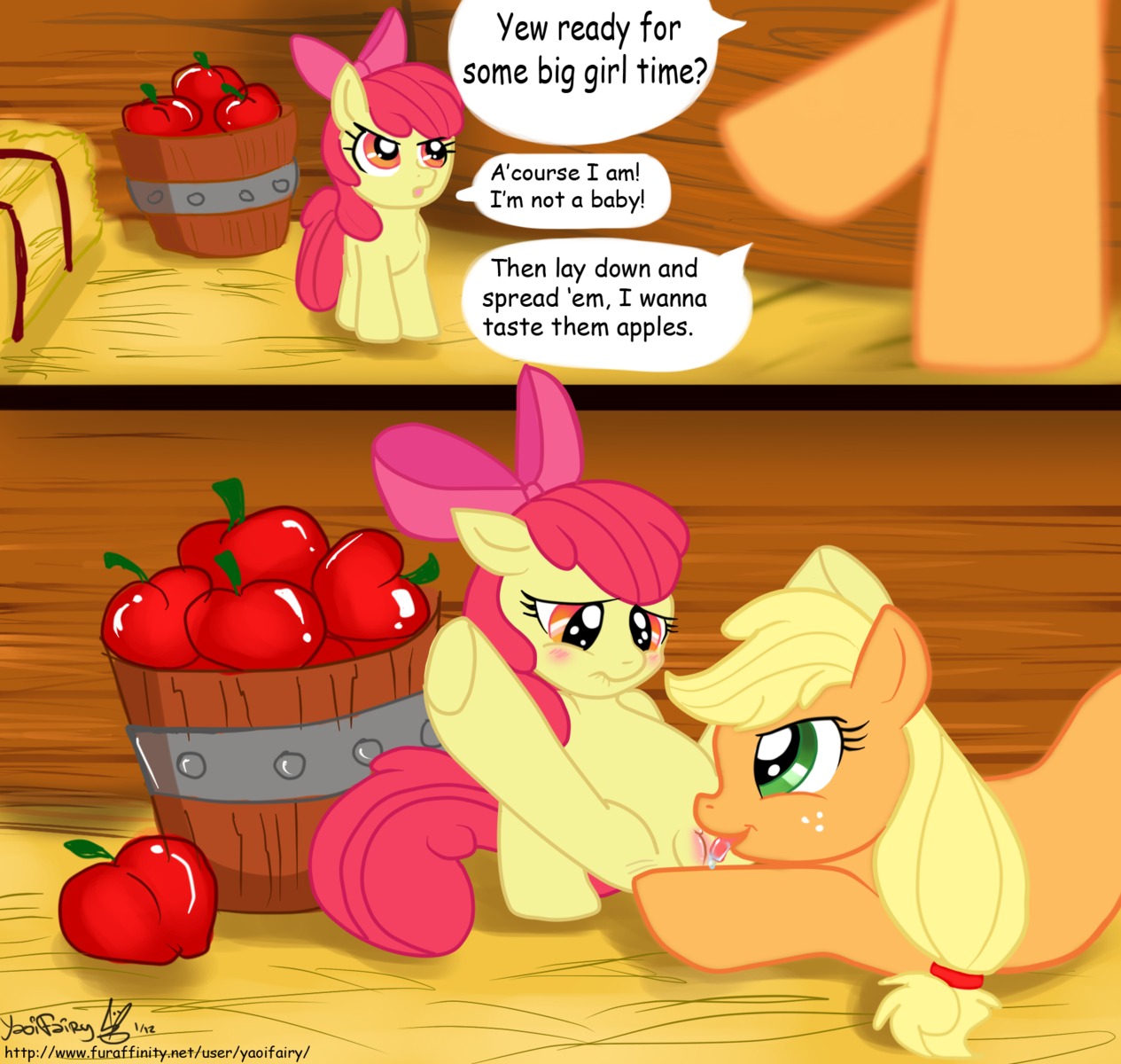 2012 accessory apple_bloom_(mlp) applejack_(mlp) barn bite biting_lip biting_own_lip blonde_hair blush bow_(feature) bow_accessory bow_ribbon clothing comic cowboy_hat cunnilingus dialogue duo e621 earth_pony english_text equid equine female female/female feral feral_on_feral freckles friendship_is_magic genitals green_eyes hair hair_accessory hair_bow hair_ribbon hasbro hat headgear headwear hi_res hooves horse incest_(lore) legs_up licking lips lying mammal my_little_pony nude open_mouth oral orange_body pony quadruped red_hair ribbons self_bite sex sibling_(lore) sister_(lore) sisters_(lore) spread_legs spreading tail text tongue tongue_out underhoof url vaginal vulva yaoifairy yellow_body young young_feral