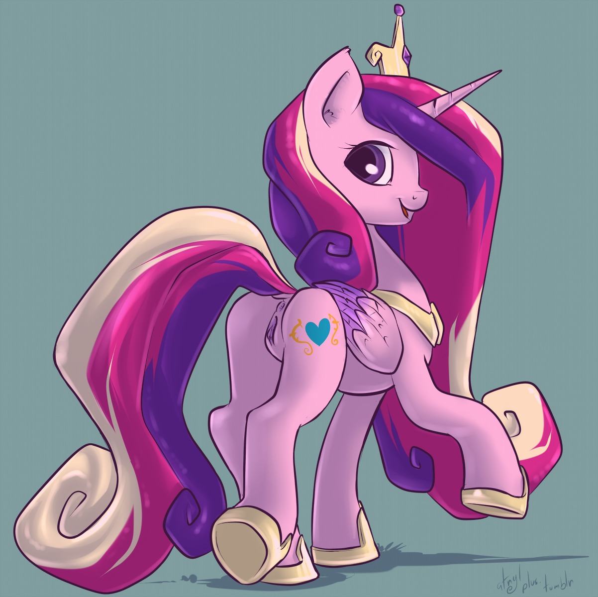 2012 anus atryl butt crown cutie_mark digital_media_(artwork) e621 equid equine feathered_wings feathers female feral friendship_is_magic genitals hair hasbro headgear hi_res horn looking_at_viewer mammal multicolored_hair my_little_pony mythological_creature mythological_equine mythology pink_body pink_feathers princess_cadance_(mlp) purple_eyes quadruped simple_background solo tail vulva winged_unicorn wings