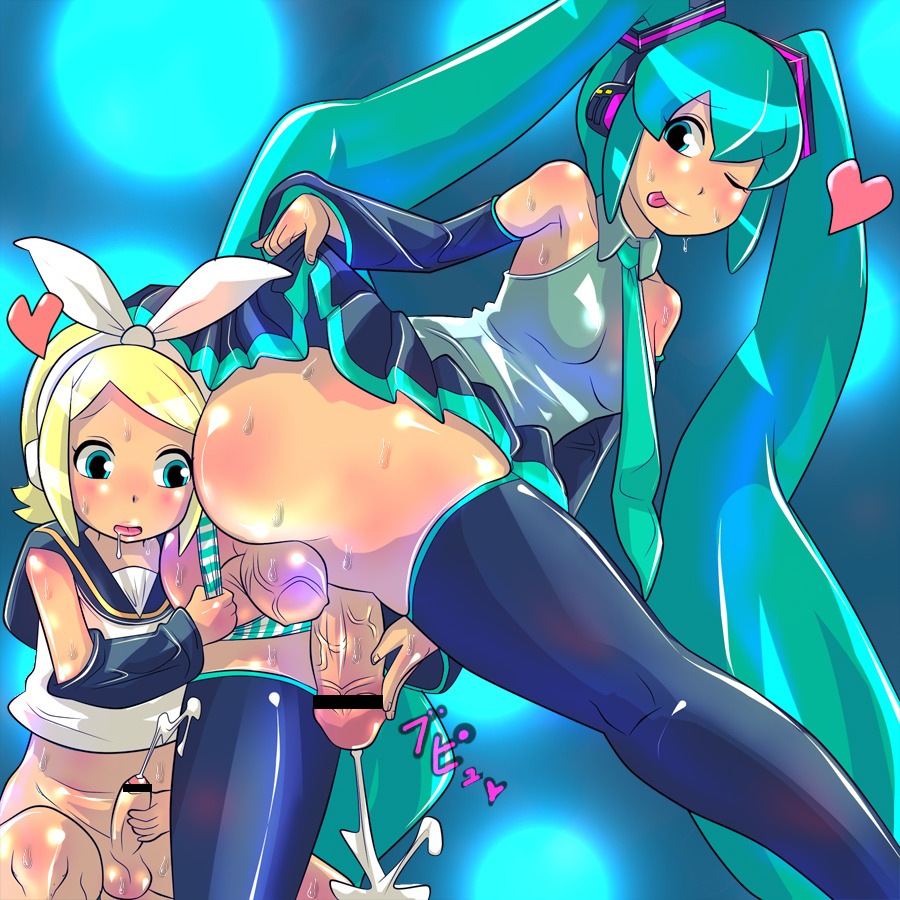 1boy 1futa 2girls androgynous aqua_eyes aqua_hair ass balls bar_censor blonde_hair blush bottomless breasts censored clothed_sex clothes_lift crossdressing cum detached_sleeves ejaculation erection femboy flat_chested foreskin futa_is_bigger futa_on_male futa_with_male futanari glossy hair_ribbon handjob hatsune_miku headphones heart intersex kagamine_rin long_hair male masturbation multiple_girls necktie one_eye_closed panties panty_pull partially_clothed penis penis_size_difference ribbon rule34 scrotum short_hair skirt skirt_lift small_breasts sperma-ke striped striped_panties superamu_ka sweat testicles thick_thighs thighhighs thong tongue tongue_out twintails underwear very_long_hair vocaloid wide_hips