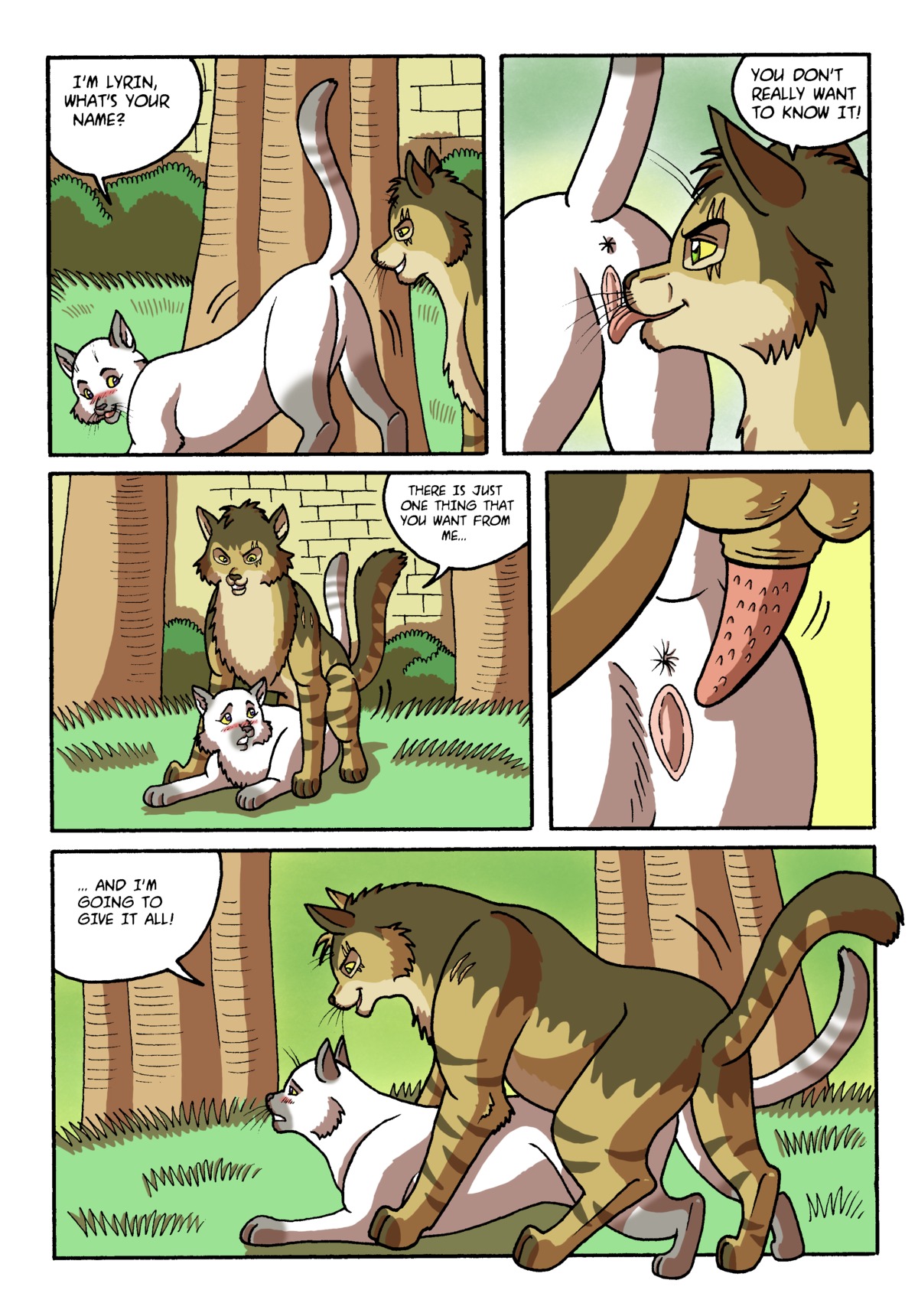 absurd_res anus blue_eyes blush comic dialogue digitigrade domestic_cat duo e621 english_text erection felid feline felis female female_penetrated feral feral_on_feral feral_penetrated feral_penetrating feral_penetrating_feral from_behind_position genitals hi_res introduction khaldun kooskia_(artist) licking lyrin male male/female male_penetrating male_penetrating_female mammal mounting name_drop name_in_dialogue nude oral penetration penis sex speech_bubble text tongue tongue_out toony vulva yellow_sclera