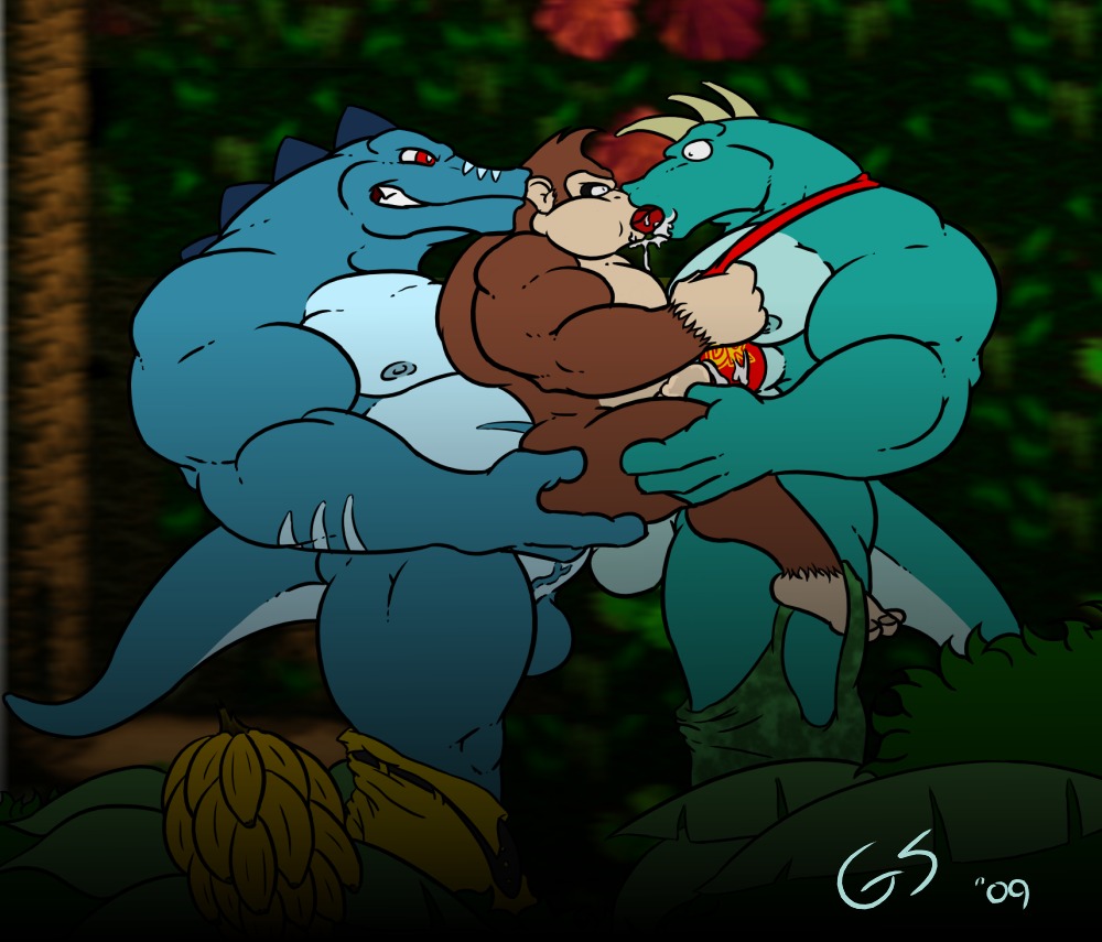 2009 anal anal_penetration anthro artist_name balls banana belly biceps big_muscles big_pecs big_penis blue_body bodily_fluids bottomwear bottomwear_down chain clothed clothing crocodilian cum cum_on_tie cum_while_penetrated dominant dominant_male donkey_kong_(character) donkey_kong_(series) donkey_kong_barrel_blast double_anal double_penetration e621 erection fangs food forest french_kissing fruit genital_fluids genitals glaciersnow group group_sex humanoid_genitalia humanoid_penis interspecies jungle kissing kludge kong kremling krusha licking male male/male male_penetrated male_penetrating male_penetrating_male mammal muscular muscular_anthro muscular_male nintendo nipples nude outside pants pants_down partially_clothed pecs penetration penis plant primate red_eyes reptile saliva scalie sex slightly_chubby tail teeth text threesome tongue tongue_out tree trio vein veiny_penis