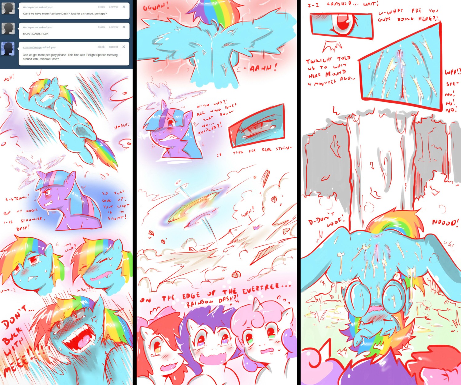 anus apple_bloom_(mlp) blue_body blue_feathers blue_fur blue_hair blush bodily_fluids cold-blooded-twilight comic cutie_mark cutie_mark_crusaders_(mlp) e621 earth_pony english_text equid equine feathered_wings feathers female feral flying friendship_is_magic fur genital_fluids genitals group hair hasbro hi_res horn horse magic mammal multicolored_hair my_little_pony mythological_creature mythological_equine mythology outside peeing pegasus pink_hair plant pony purple_body purple_fur purple_hair quadruped rainbow_dash_(mlp) rainbow_hair red_hair scootaloo_(mlp) sweetie_belle_(mlp) tail text tree twilight_sparkle_(mlp) two_tone_hair unicorn upside_down urine vulva watersports white_body white_fur wings yellow_body yellow_fur young_(lore)