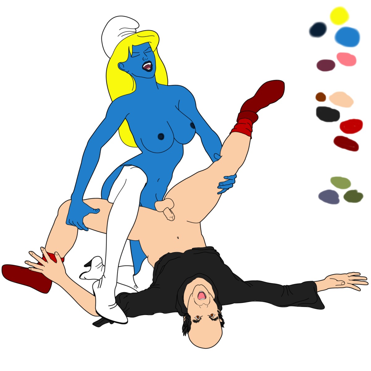 1boy 1futa blue_penis blue_skin futa_is_bigger futa_on_male futanari gargamel gingerm intersex male penis penis_size_difference rule34 small_penis smurfette the_smurfs thighhighs what