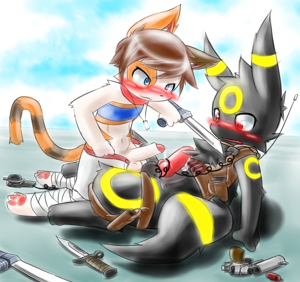 2012 ambiguous_gender animal_genitalia animal_penis anthro anthrofied armed balls blush canine_genitalia canine_penis eeveelution feline fur furry furry_ears furry_tail gun holster humanoid_genitalia humanoid_penis keron knot lying male male_only nintendo penis pokemon pokemon_(species) pokemorph precum puinkey pvt._keron ranged_weapon rape rule34 shy tail umbreon weapon