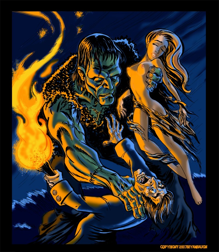 1girls 2007 2boys bryan_baugh choking clothed_male_nude_female female frankenstein frankenstein's_monster green-skinned_male green_skin human humanoid light-skinned_female light-skinned_male light_skin male monster no_sex nude nude_female ripped_clothing rule34 stitches tagme torch torn_clothes