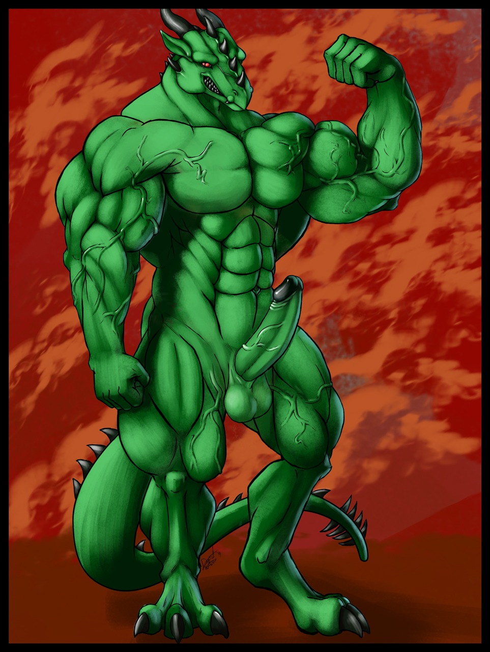 2014 abs alexwolf animal_genitalia anthro athletic balls barefoot biceps big_muscles biped black_border black_glans border claws dragon e621 erection fangs feet fist flexing genitals glans green_balls green_penis grin happy hi_res horn huge_muscles humanoid_genitalia humanoid_penis long_ears looking_at_viewer male manly muscular muscular_anthro muscular_male mythological_creature mythological_scalie mythology navel non-mammal_balls nude pecs penis pose raised_arm raised_fist raised_hand red_eyes reptile scales scalie sharp_teeth smile solo spikes standing tail teeth toe_claws varanis_blackclaw vein veiny_penis