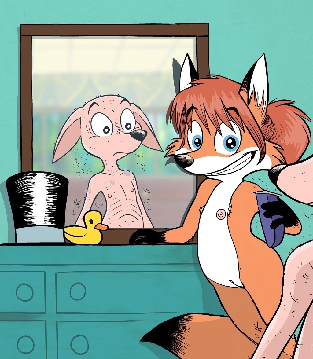 anthro blue_eyes canid canine clothing dana_simpson dipstick_tail duo e621 electric_shaver female fox genitals grin hair haircut hat headgear headwear male mammal markings millicent_mudd mirror nipples nude nude_edit ozy_and_millie ozymandias_llewellyn red_hair rubber_duck shaved shaving smile tail tail_markings third-party_edit top_hat vulva young young_anthro