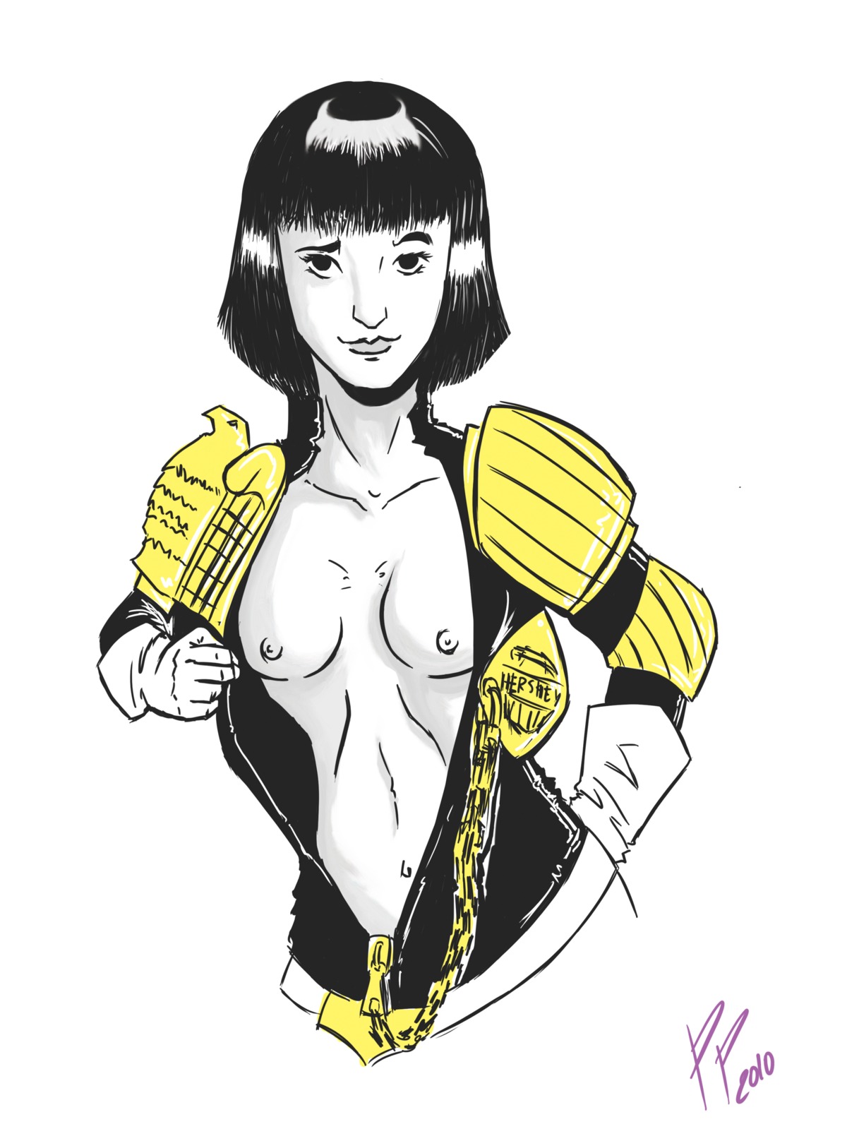 1girls 2000_ad 2010 areola areolae badge barbara_hershey belly_button bob_cut breasts clothes clothing dark_hair dated exposed_breasts exposed_nipples eyelashes female female_focus female_only gloves hair hand_on_hip human human_only judge_dredd_(franchise) judge_hershey looking_at_viewer medium_hair midriff navel nipples no_bra no_underwear nude nude_female nudity open_clothes open_eyes partially_colored purplepornographer rule34 shoulder_pads signature small_breasts smile smiling solo solo_female solo_focus stomach topless upper_body