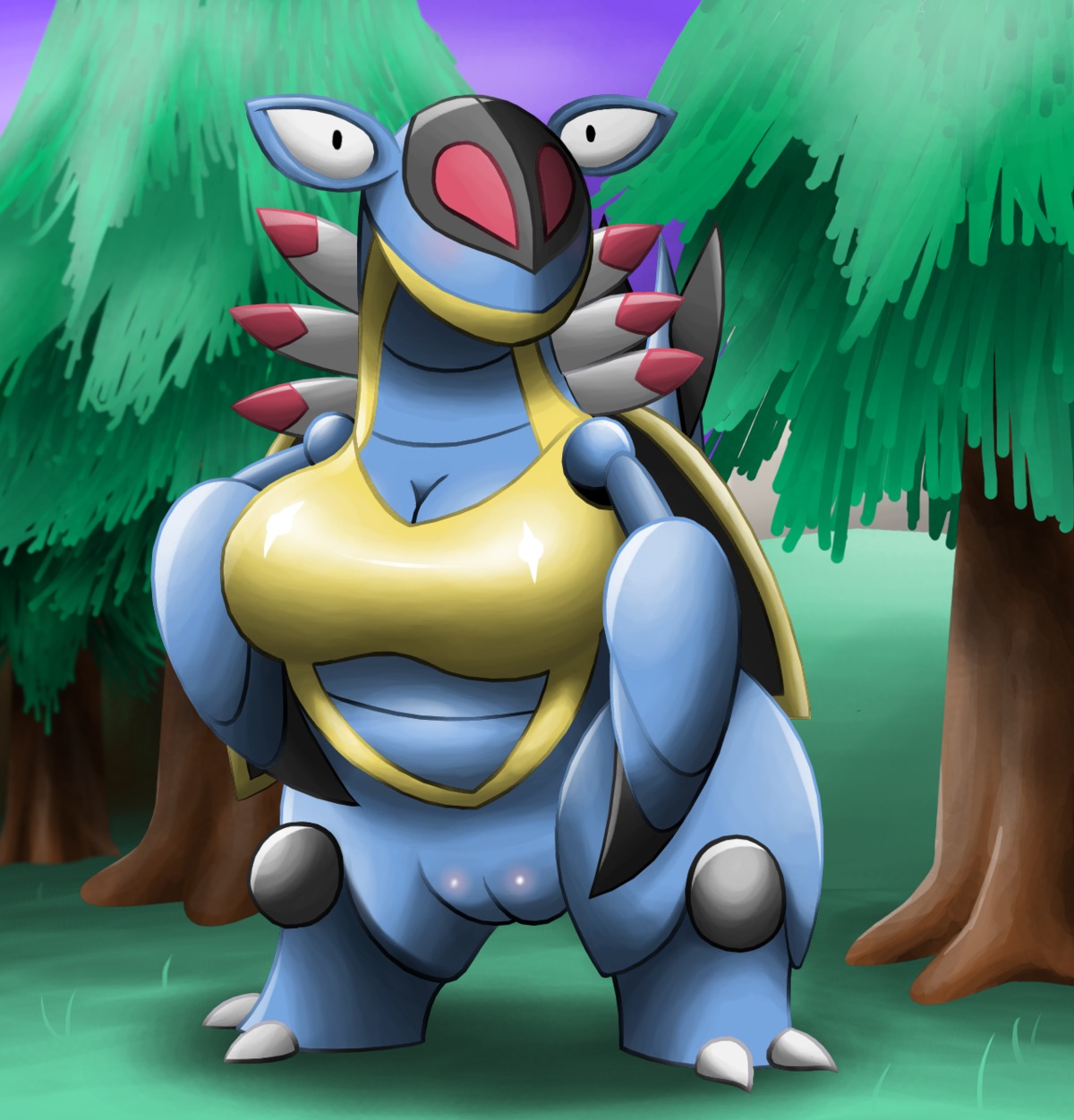 anthro anthrofied armaldo biped breasts detailed_background e621 female forest fossil_pokemon generation_3_pokemon genitals hi_res looking_at_viewer nature nintendo ole outside plant pokemon pokemon_(species) pokemorph solo standing tree vulva