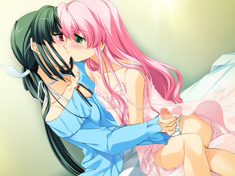 1boy 1girls akiyama_mifuyu blush censored crossdressing female femboy femboy_on_female game_cg green_eyes green_hair handjob kissing long_hair male male/female male_focus mosaic_censoring narumi_suzune ooyama_rui oto_puri panties penis pink_hair red_eyes rule34 straight trap underwear