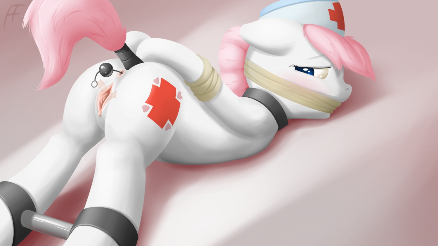 16:9 2013 anal anal_beads anal_penetration anus bdsm blue_eyes blush bondage bound butt clitoris collar cutie_mark digital_media_(artwork) e621 earth_pony equid equine fearingfun female female_penetrated feral friendship_is_magic fur gag gagged genitals hair hands_behind_back hasbro heart_symbol hi_res horse looking_at_viewer looking_back lying mammal my_little_pony nurse nurse_redheart_(mlp) on_front penetration pink_hair pony restraints sex_toy simple_background solo spread_vulva spreader_bar spreading submissive submissive_female tail tail_wraps tape tape_gag vulva vulva_spreading_tape white_body white_fur widescreen wraps