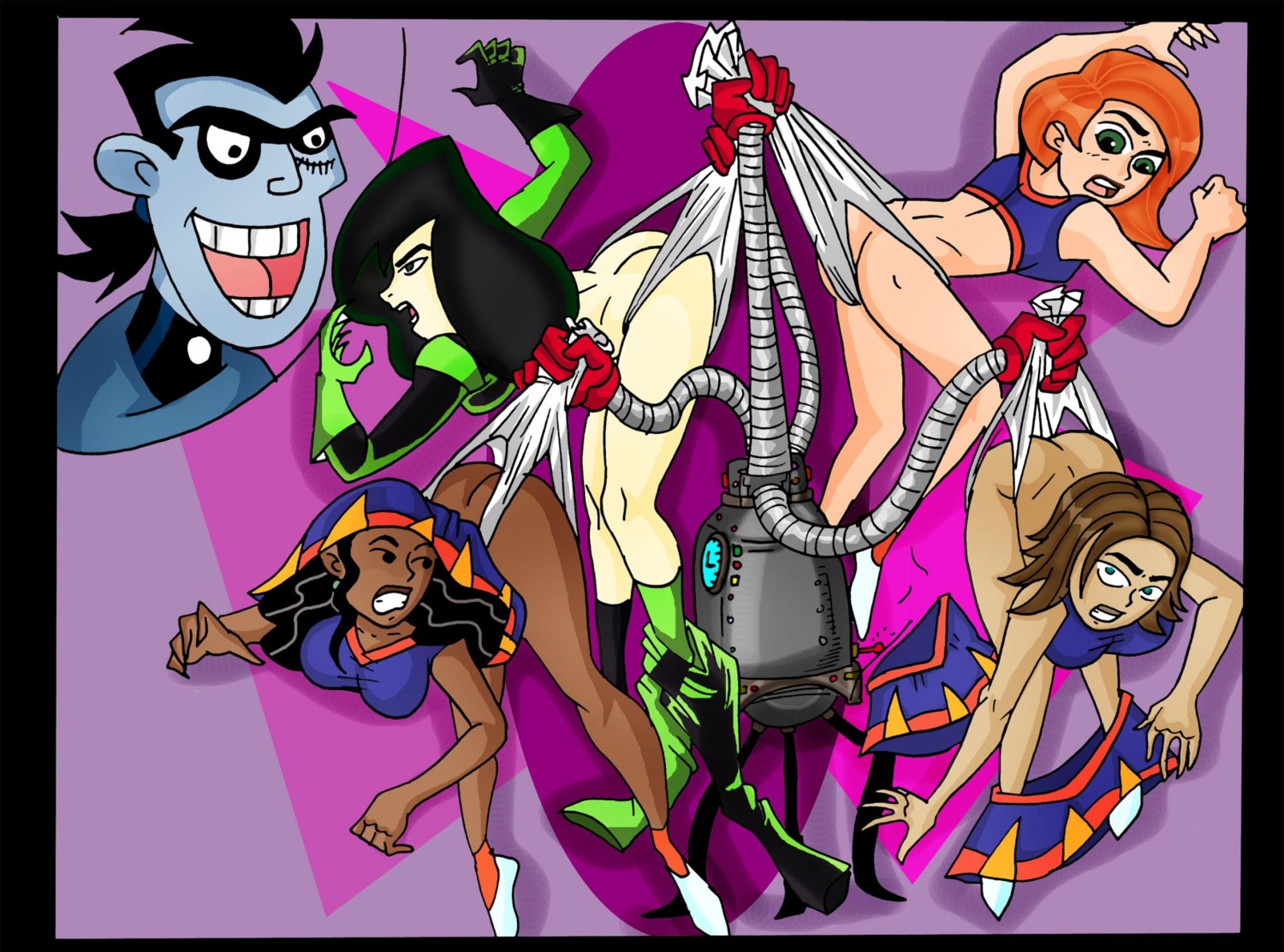 artist_request bonnie_rockwaller breasts cheerleader disney disney_channel dr._drakken female human kim_possible kimberly_ann_possible large_breasts male medium_breasts monique_(kim_possible) multiple_females multiple_girls panties restrained rule34 shego short_skirt straight_hair suspension tagme