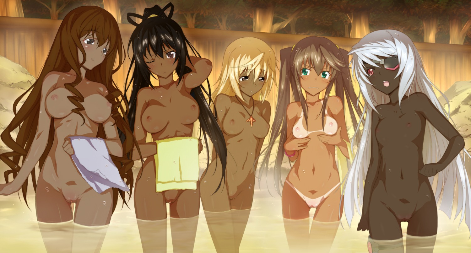 5girls bath black_hair blonde_hair blue_eyes breast_envy breasts brown_hair cecilia_alcott charlotte_dunois dark_skin eye_patch female female_only flat_chest green_eyes highres infinite_stratos jewelry kanna_asuke large_breasts laura_bodewig long_hair medium_breasts multiple_females multiple_girls navel nipples nude open_mouth pendant photoshop ponytail purple_eyes pussy red_eyes rule34 shinonono_houki silver_hair small_breasts source_request tan tanline thigh_gap tied_hair towel towels twintails uncensored wink