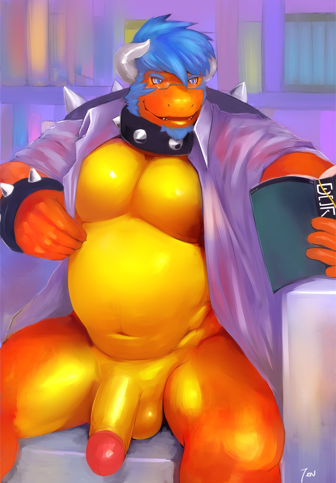 2012 anthro balls beard belly biceps big_penis biped blue_eyes blue_hair book bottomless bracelet chair charikoopa clothed clothing collar desk dragon e621 eyewear facial_hair fangs flaccid furniture genitals glasses hair hi_res holding_book holding_object horn hugo_heidenburg iceman1984 jewelry male musclegut muscular muscular_anthro muscular_male mythological_creature mythological_scalie mythology open_clothing open_mouth open_shirt open_topwear overweight overweight_anthro overweight_male paws penis professor reading scalie shell shirt smile solo spiked_shell spikes spikes_(anatomy) table teacher teeth text thick_penis tongue topwear translucent