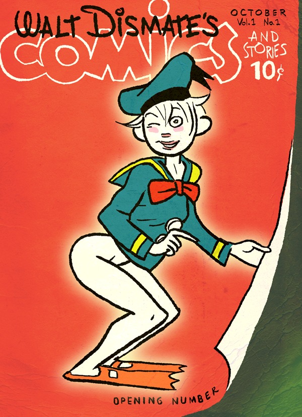 blush bottomless bowtie clothes color disney donald_duck female female_only hat human round_ears rule34 rule_63 side_view solo squatting swimming_fins tagme what white_skin wink