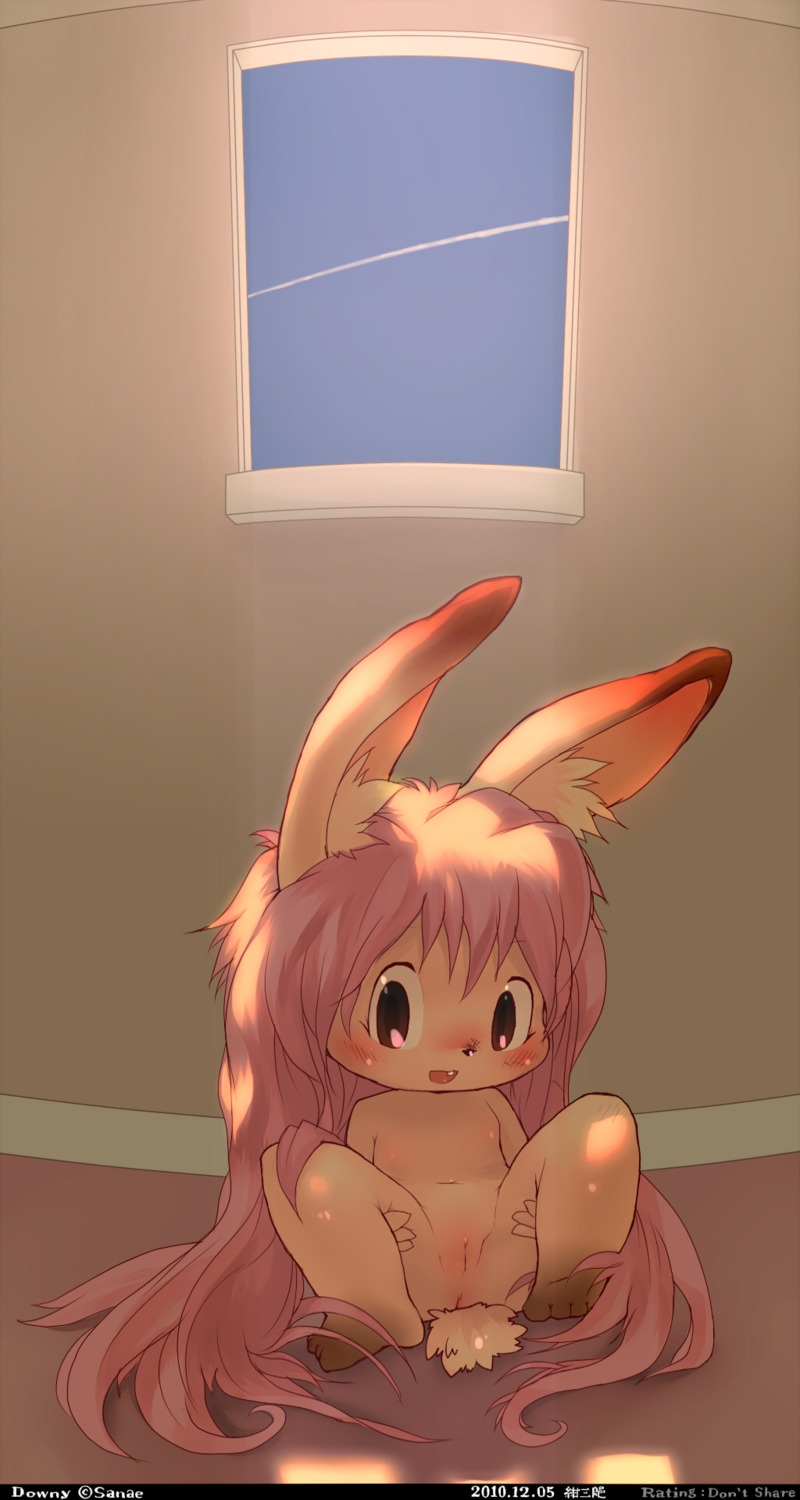 anthro anus blush e621 female genitals hair hi_res kemono konzaburou lagomorph leporid loli mammal pink_hair rabbit solo vulva window young young_anthro young_female