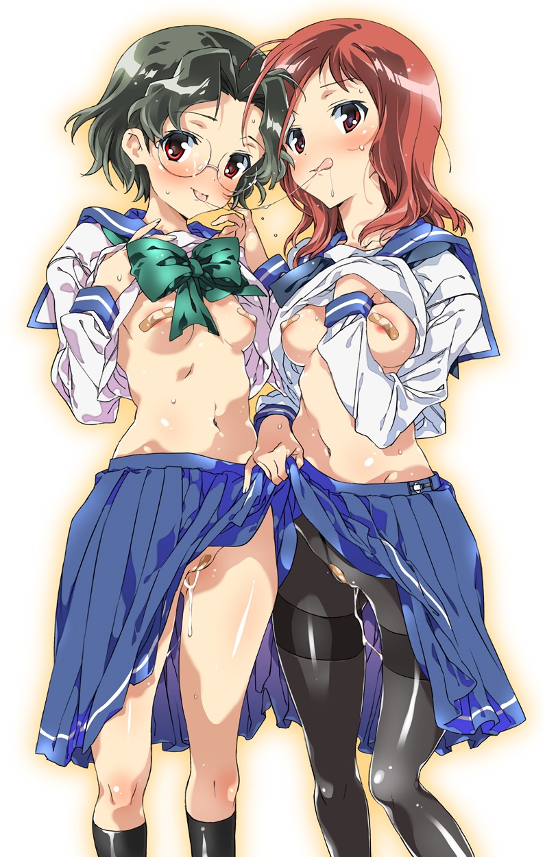 bandaid bandaid_on_pussy bandaids_on_nipples black_socks blush female footwear glasses green_hair highres knee_socks kneehighs kneesocks midori_kouichi multiple_females multiple_girls nipples no_panties pantyhose pasties pussy pussy_juice red_eyes red_hair ribbon rule34 saki school_uniform serafuku short_hair skirt skirt_lift smile socks someya_mako straight_hair takei_hisa tongue undressing yuri