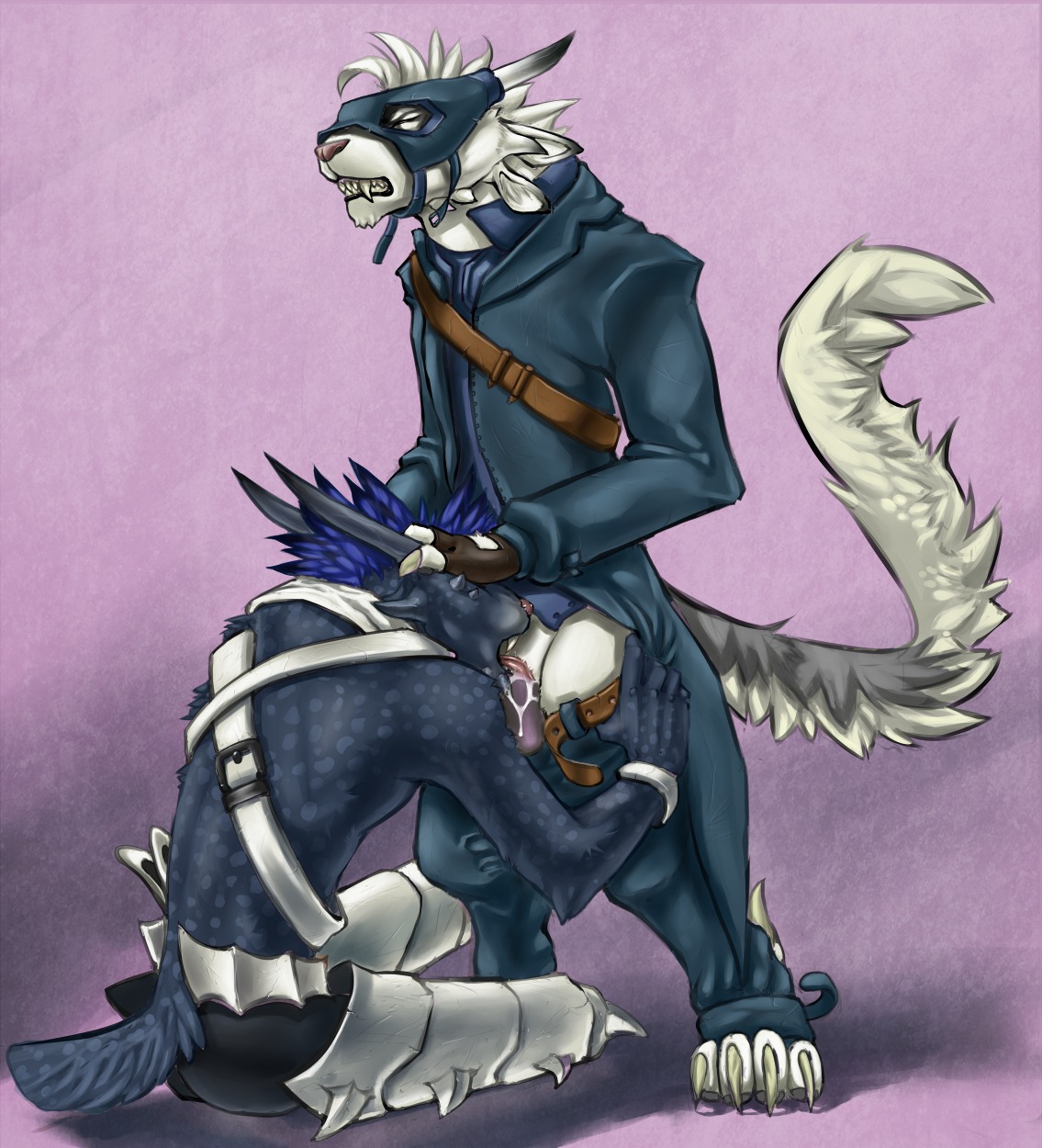 4_toes ambiguous_gender anthro anthro_on_anthro belt black_body black_fur blue_hair bodily_fluids charr claws clothing cunnilingus duo e621 eyes_closed fangs feet felid female female/ambiguous flat_chested fluffy fluffy_tail forced forced_oral fur genital_fluids guild_wars hair hi_res hindpaw horn horn_grab intraspecies mammal mask neon_(artist) nicky_boomer open_mouth oral paws pink_background pink_nose sex simple_background sitting standing tail teeth toe_claws toes tongue tongue_out vaginal vaginal_fluids white_body white_fur
