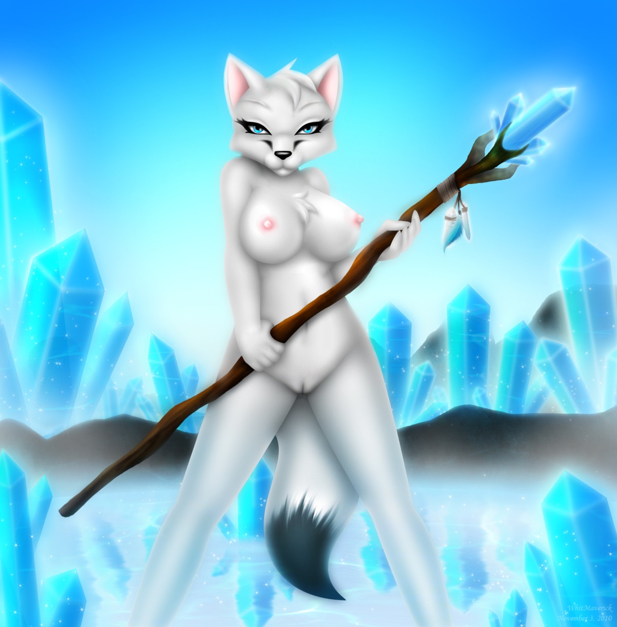 anthro arctic blue_eyes breasts canid canine crystal e621 female fox genitals hi_res mammal nipples solo tail vulva whitmaverick