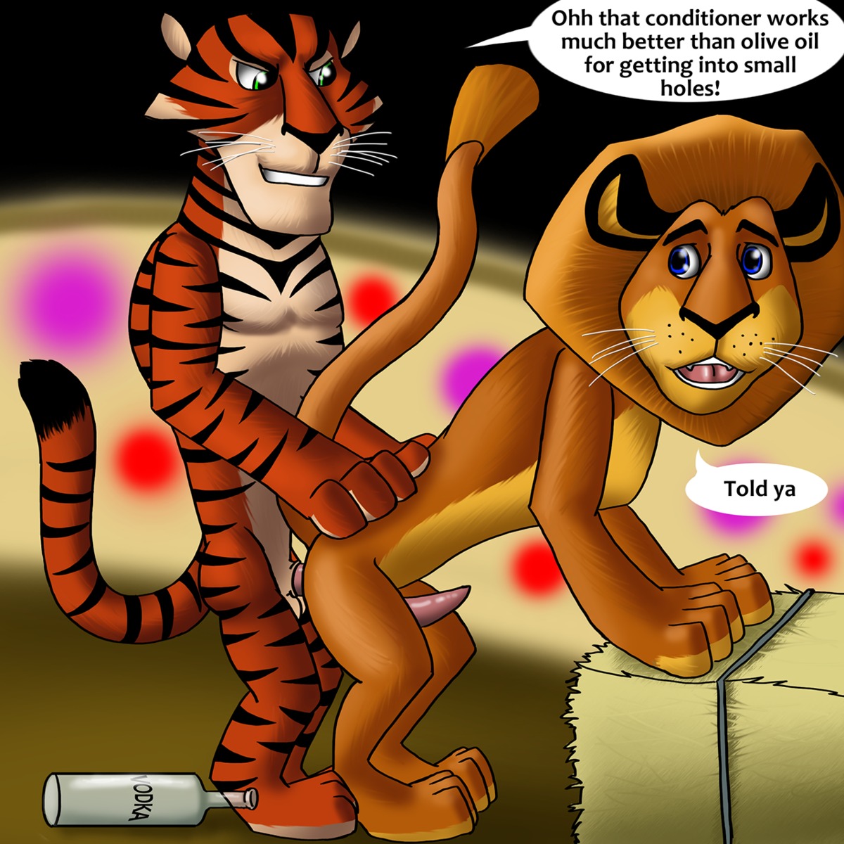 1:1 alcohol alex_(madagascar) anal anal_penetration animal_genitalia animal_penis anthro anthro_on_anthro balls beverage blue_eyes dialogue dreamworks duo e621 english_text erection felid fur genitals green_eyes hi_res lion madagascar_(series) male male/male male_penetrated male_penetrating male_penetrating_male mammal nude pantherine penetration penis russian sex tail tapering_penis text tiger unknown_artist vitaly_(madagascar)