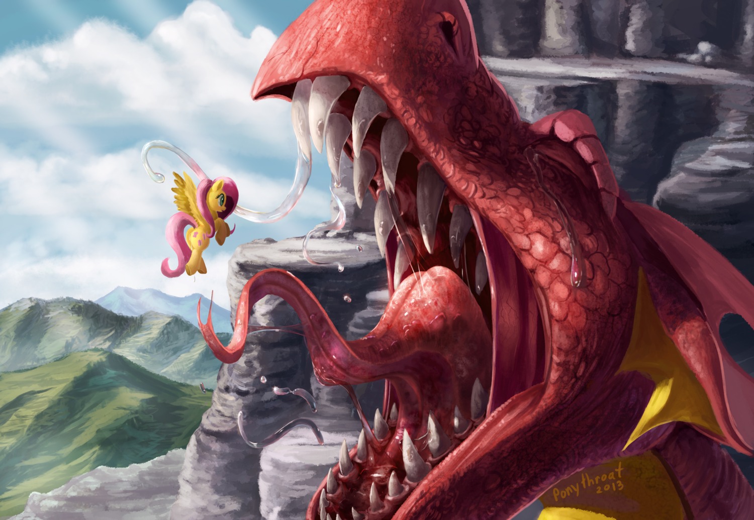 2013 anus bodily_fluids cloud crying cutie_mark dragon duo e621 equid equine eyes_closed feathered_wings feathers female feral fluttershy_(mlp) flying friendship_is_magic fur genitals green_eyes hair hasbro hi_res male mammal mountain my_little_pony mythological_creature mythological_equine mythological_scalie mythology open_mouth outside pegasus pink_hair ponythroat red_body red_scales saliva scales scalie sharp_teeth size_difference sky tears teeth tongue tongue_out vulva wings yellow_body yellow_feathers yellow_fur