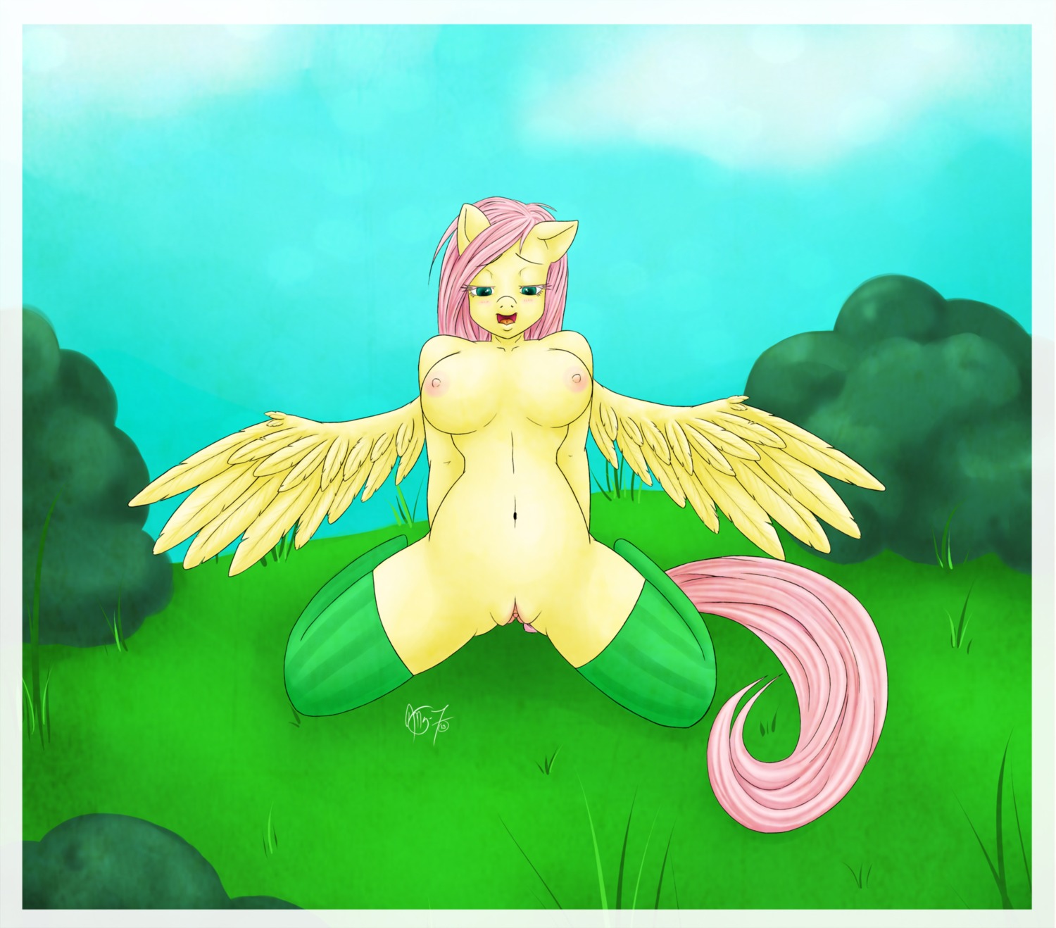 2013 anthro anthrofied biped cloud e621 equid equine feathered_wings feathers female fluttershy_(mlp) friendship_is_magic fur genitals green_eyes hair hasbro hi_res kneeling mammal ms-seven0 my_little_pony mythological_creature mythological_equine mythology open_mouth outside pegasus pink_hair sky solo tail vulva wings yellow_body yellow_feathers yellow_fur