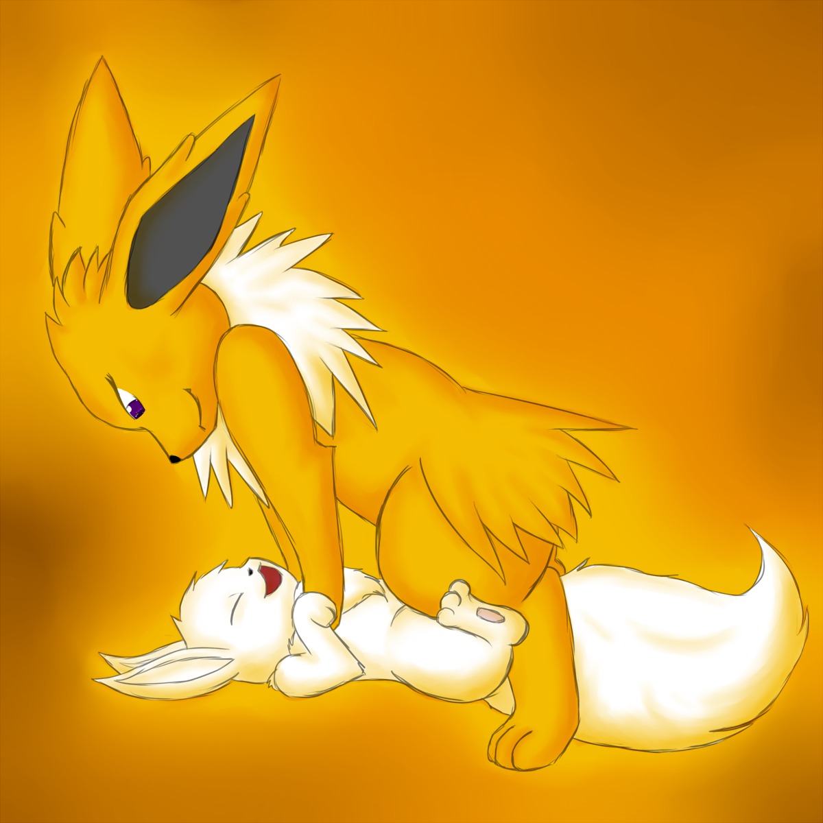 color cub eevee eeveelution female female_cub feral feral_on_feral feral_only fur interspecies jolteon male nintendo nude older_feral pokemon pokemon_(species) rule34 shenhibiki side_view size_difference smile straight tagme young